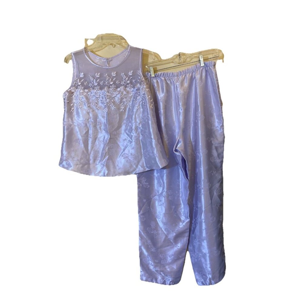 Inner Most Silky Satin Pajamas, Sz M Lilac Floral Embroidery Elastic Spring